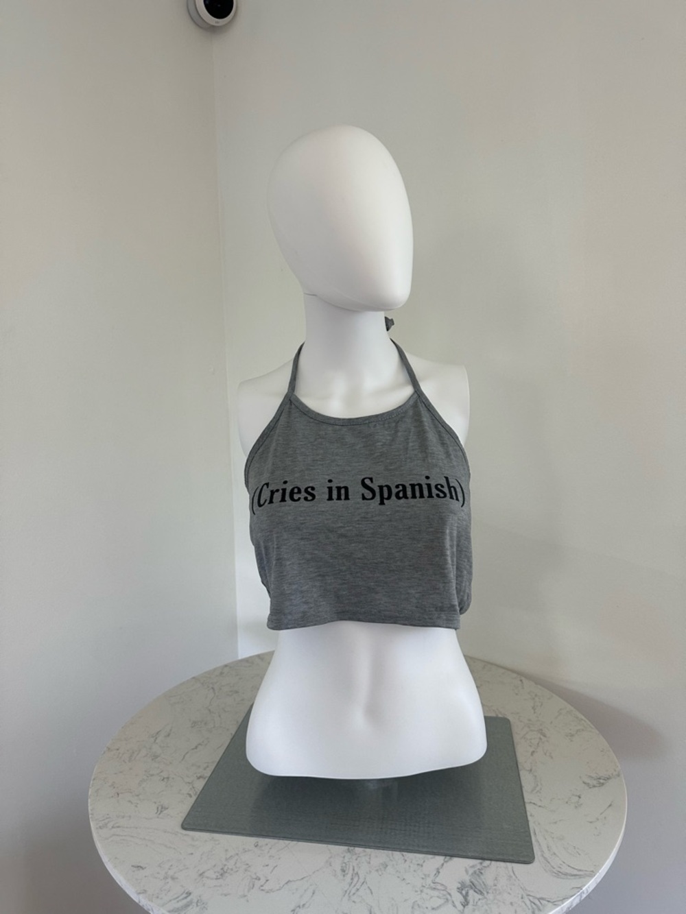 Gray Halter Crop Top with "(Cries in Spanish)" Graphic